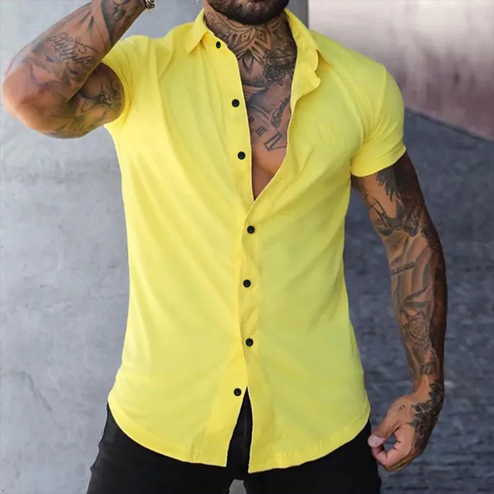 Slim Fit Short Sleeve Shirt Summer Men's Solid Color Casual Tops