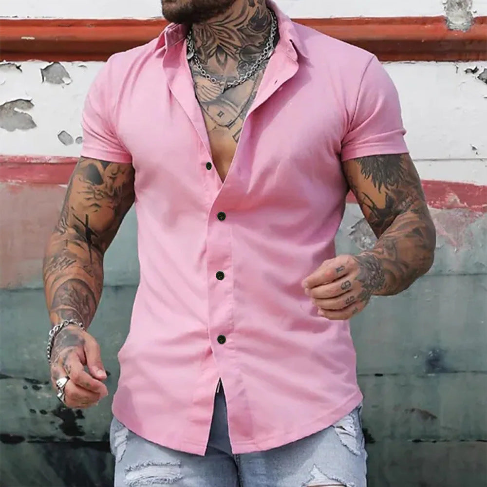 Slim Fit Short Sleeve Shirt Summer Men's Solid Color Casual Tops