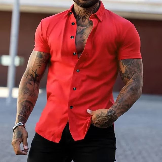 Slim Fit Short Sleeve Shirt Summer Men's Solid Color Casual Tops