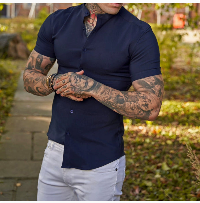 Slim Fit Short Sleeve Shirt Summer Men's Solid Color Casual Tops