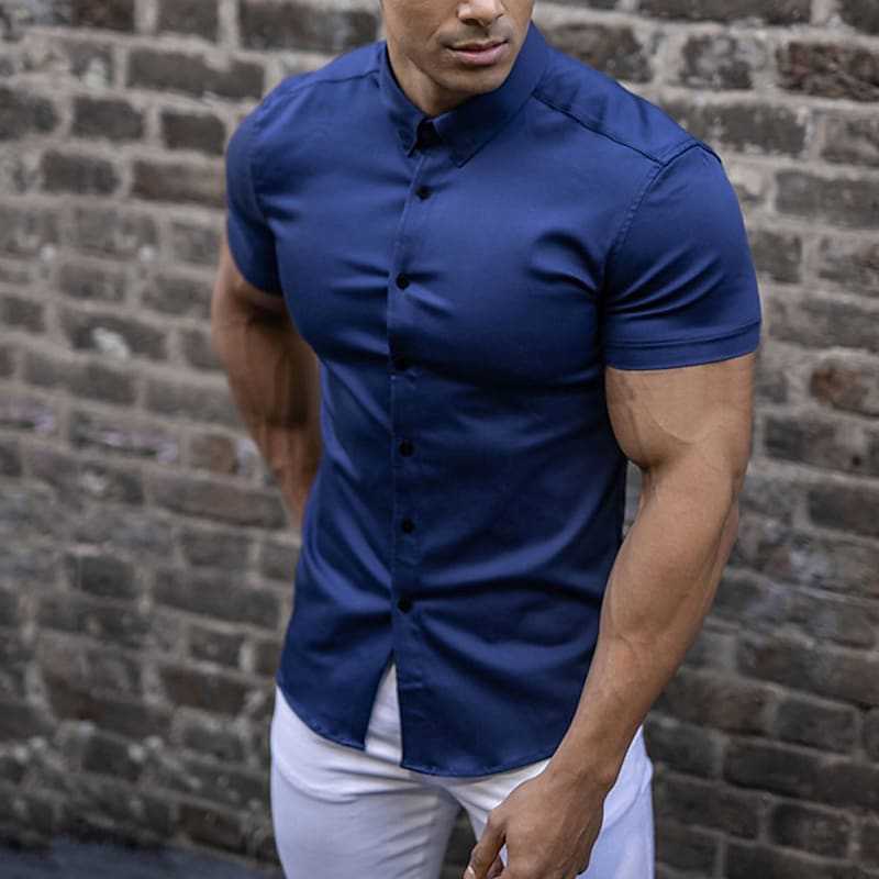 Slim Fit Short Sleeve Shirt Summer Men's Solid Color Casual Tops
