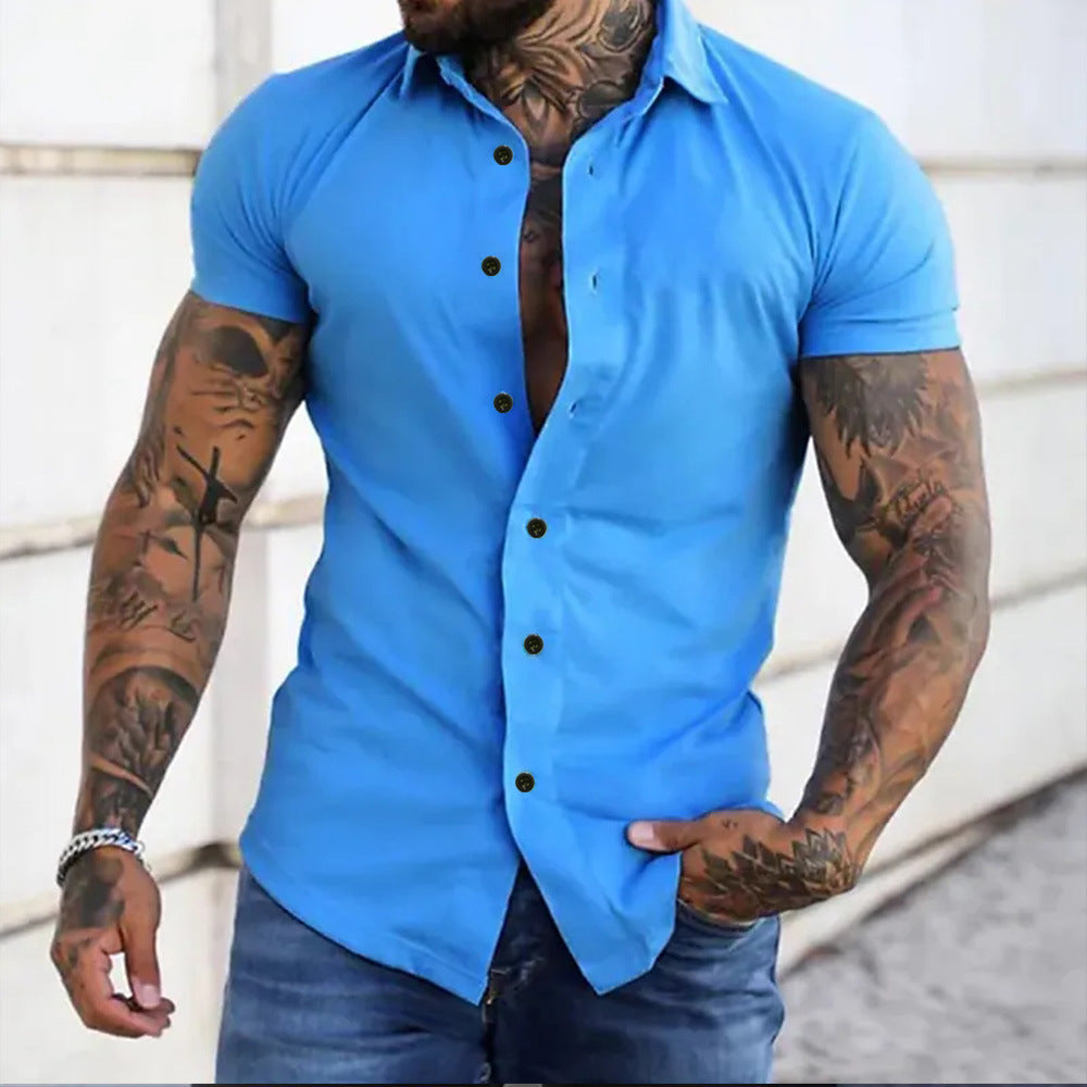 Slim Fit Short Sleeve Shirt Summer Men's Solid Color Casual Tops